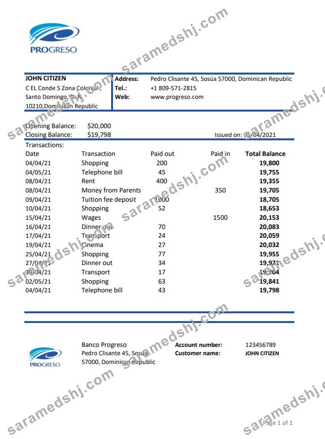 Dominican Republic Progreso bank statement template, Excel and PDF format (.xls and .pdf)